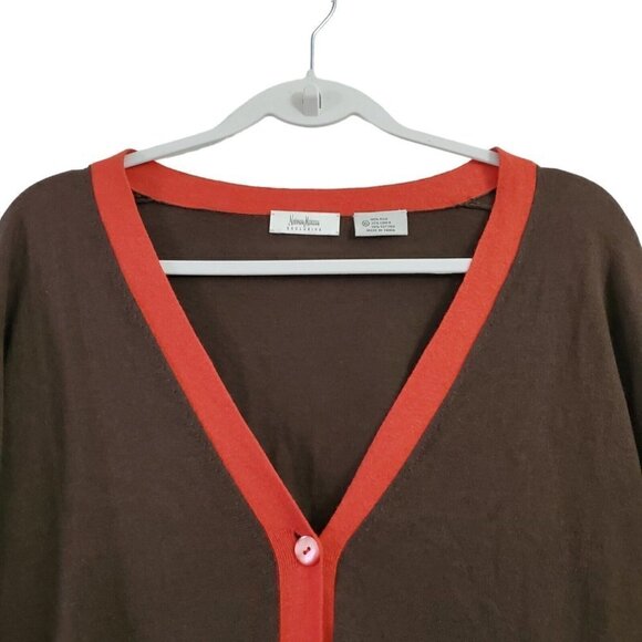 Neiman Marcus Cardigan Womens XL Brown Colorblock Silk Linen‎ Sweater Button Up - Picture 2 of 9